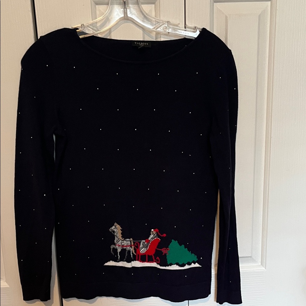 Navy holiday Sweater with Santa and Sleigh Design